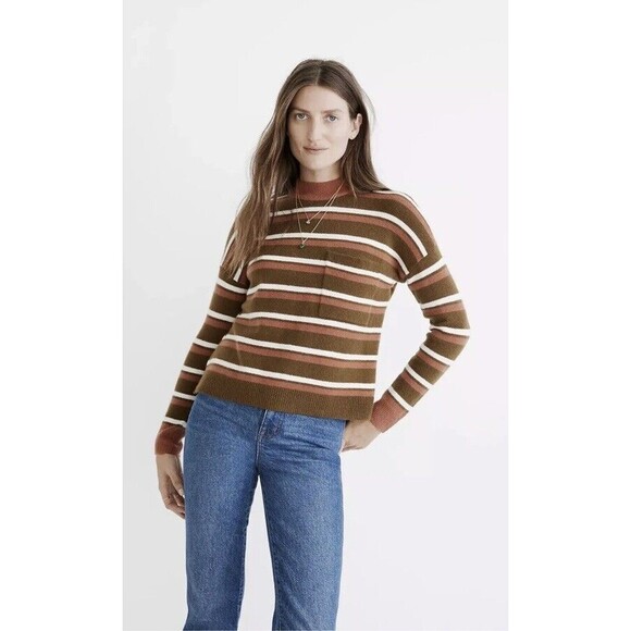 Madewell Sweaters - Madewell  Redmond Mockneck‎ Pocket Sweater in Stripe Size Small Wool Blend Boxy